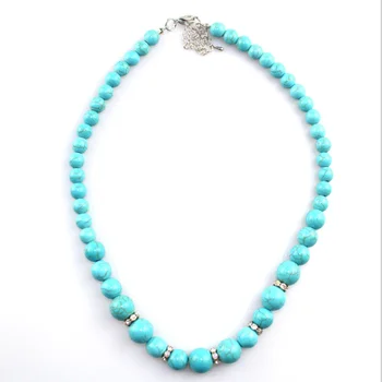

Silver Plated Link Chain Blue Turquoises Stone Pendant Long Round Beads Necklace Fashion Jewelry