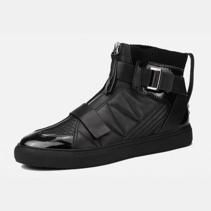 Mens Winter High Top Sneakers Sheepskin Cross Strap Genuine Leather Spliced Casual Footwear Flats Zipper Designer Trainer Shoes