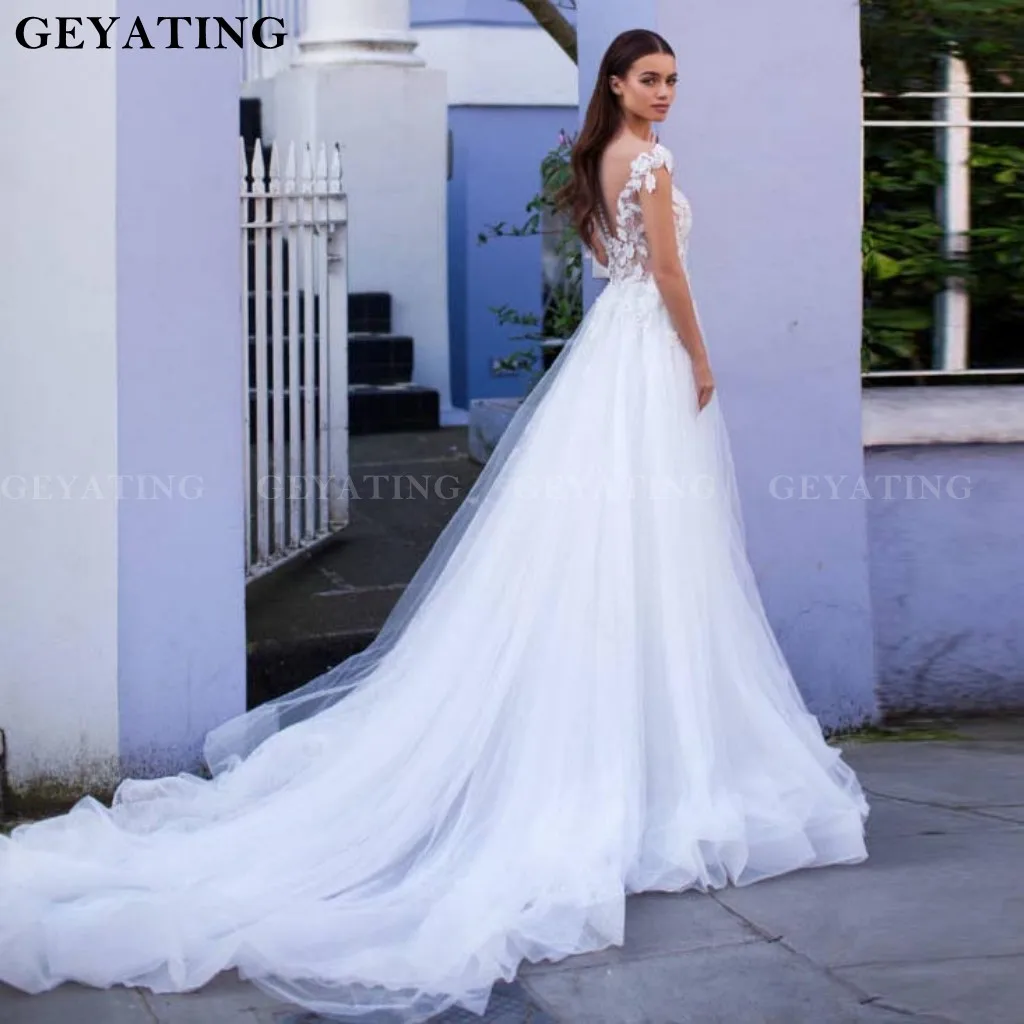 Белое Тюлевое свадебное платье 2 в 1 с коротким рукавом с накидкой винтажные кружевные аппликации 3D Цветочные Цветы A Line свадебное платье es