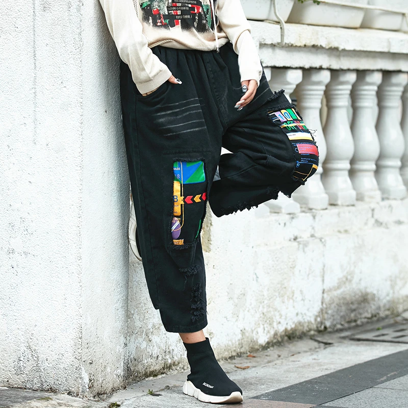 Max LuLu осенние Роскошные корейские стильные женские брюки с дырками, женские черные джинсы с принтом, эластичные женские винтажные шаровары размера плюс
