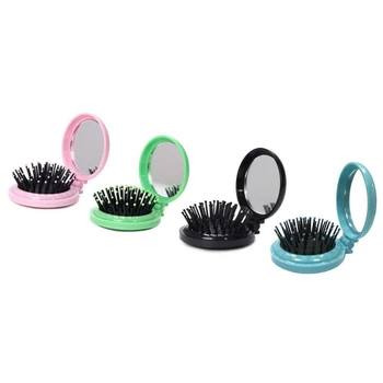 

4Pcs Portable Plastic Round Folding Pocket Hair Brush Mini Hair Comb with Makeup Mirror for Travel Candy Color