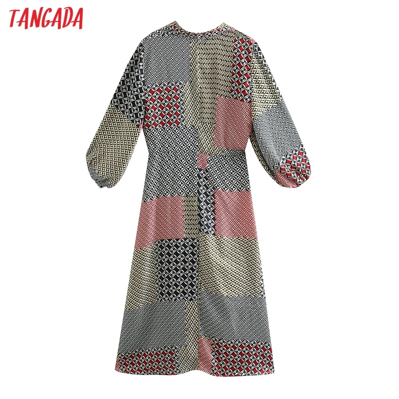 Tangada fashion women patchwork print shirt dress 2020 new arrival Long Sleeve Ladies vintage midi Dress Vestidos 5Z96