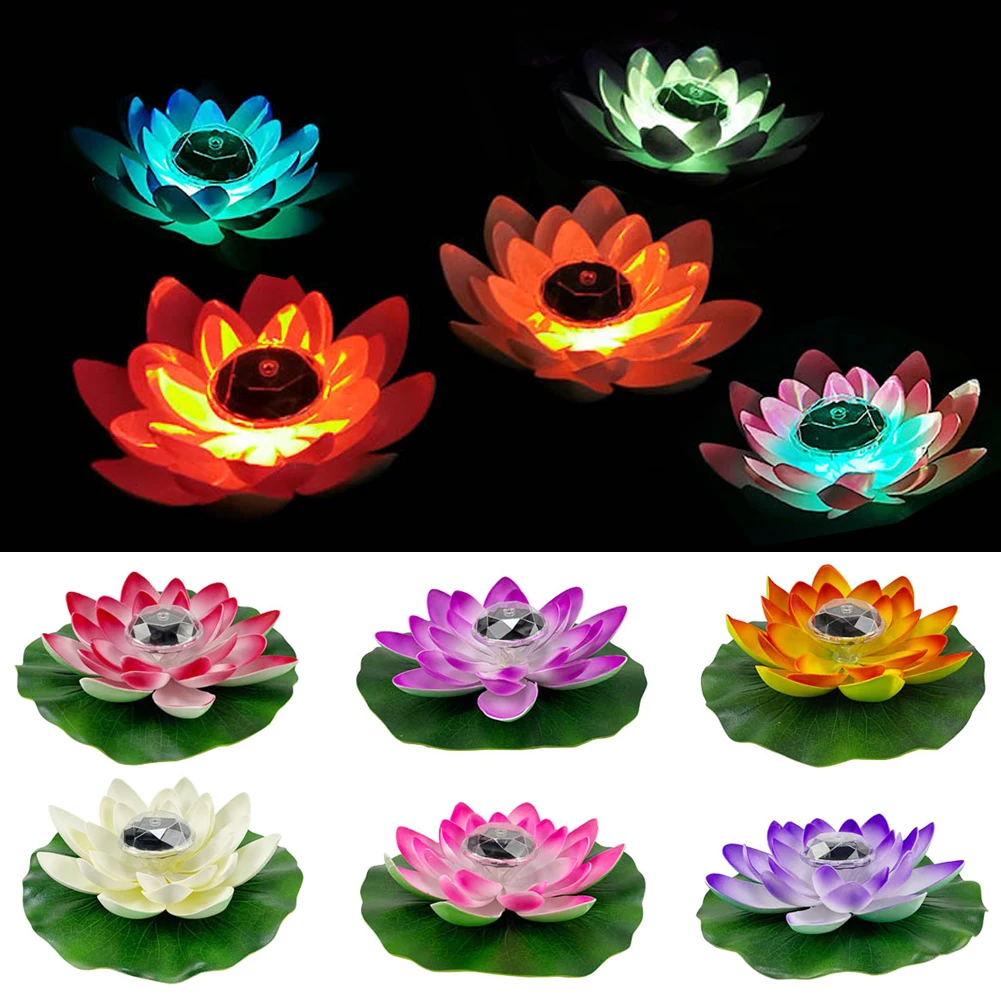 Solar Powered LED Flower Light Artificial Lotus Shape Floating Fountain