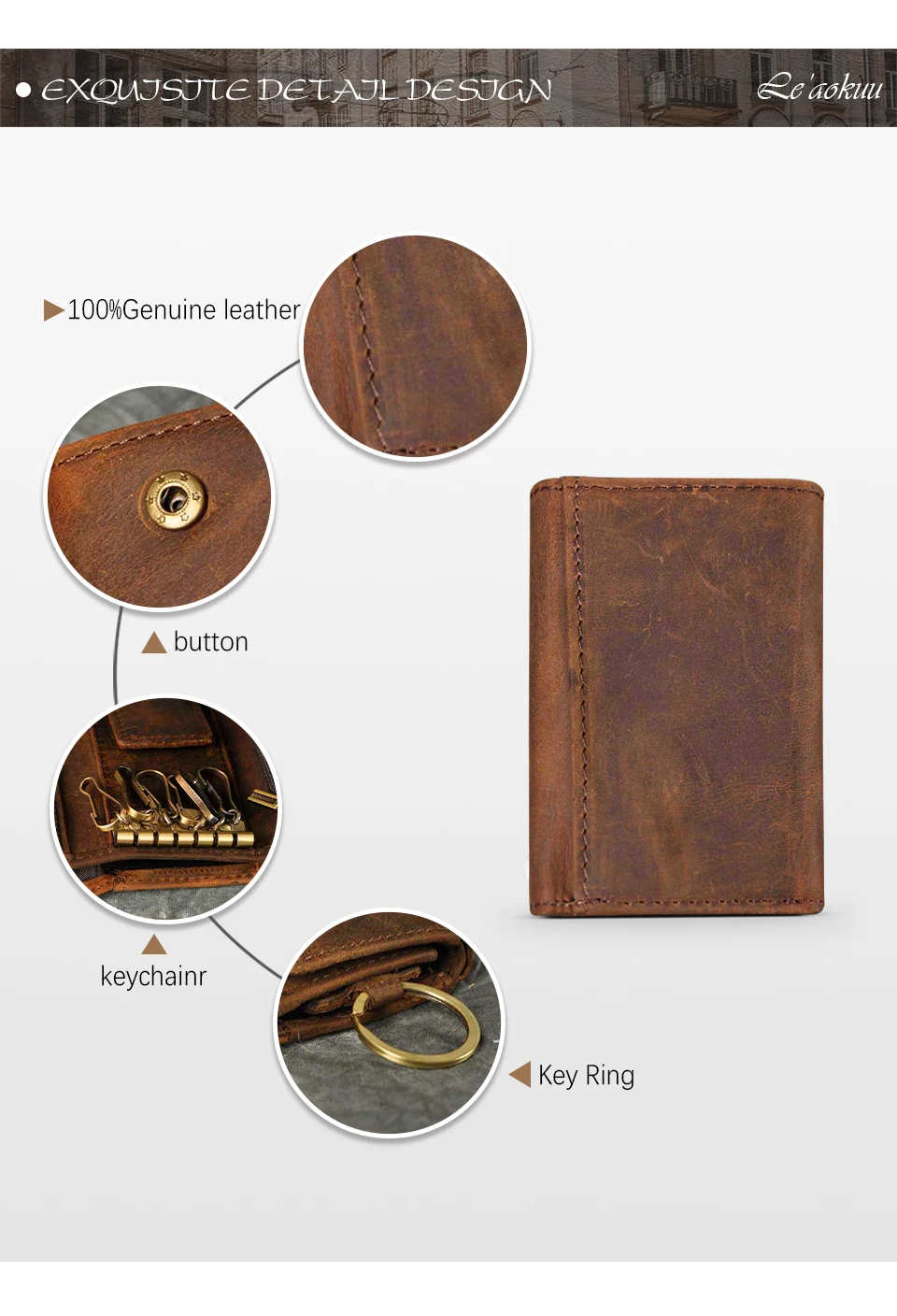 Original Leather Men Fashion Multifunction Coin Wallet Car Remote Case Key Ring Case Holder Chain Designer Key Package Bag 230-L