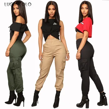 

Lugentolo Pants Women Fashion Autumn and Winter Solid Color Waist Harlan Multi-bag Tooling Trousers Streetwear