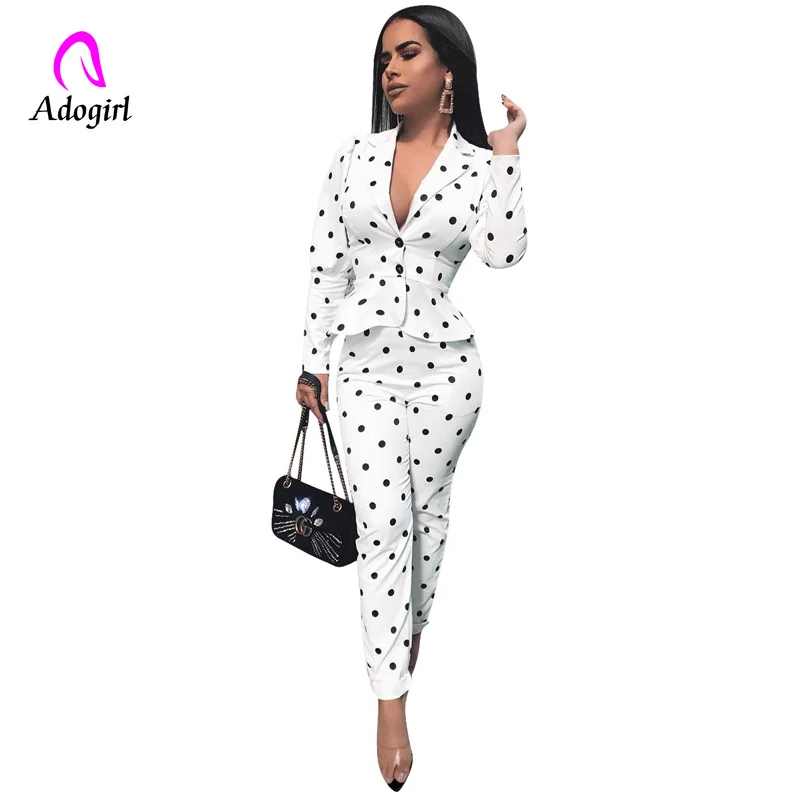 

White Women Blazer Suit Polka Dot 2 Piece Set Office Lady Blazer Set Autumn Winter Elegant Slim Outfit Pencil Pants Matching Set