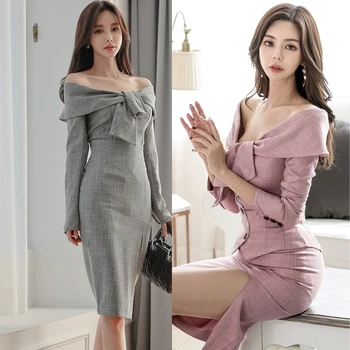 

New Two-Piece Set 2019 Winter Korean Temperament Slim Sexy Word Neck Fashion Bag Hip Skirt Set