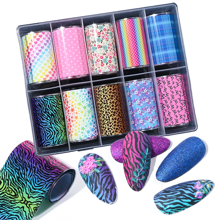 10 RollsBox Gradient Leopard Nail Foil Butterfly Flower Star Design Nail Art Transfer Sticker DIY Full Wraps Decoration 1