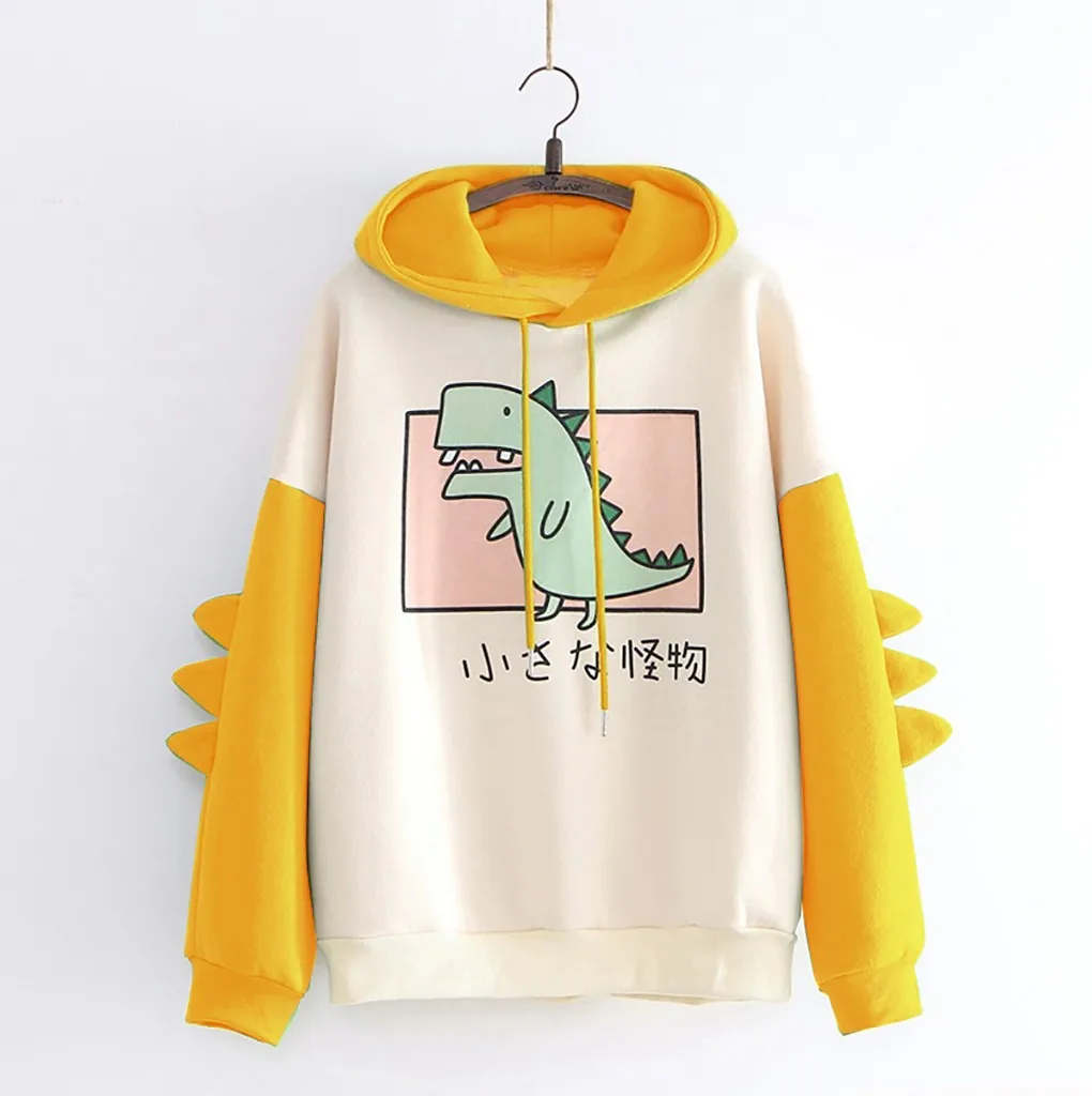 Jaycosin Fashion Autumn Casual Female Loose Cartoon Splice Dinosaur Hoodies Sweatshirt Long Sleeve Comfortable Pullover 1129#4
