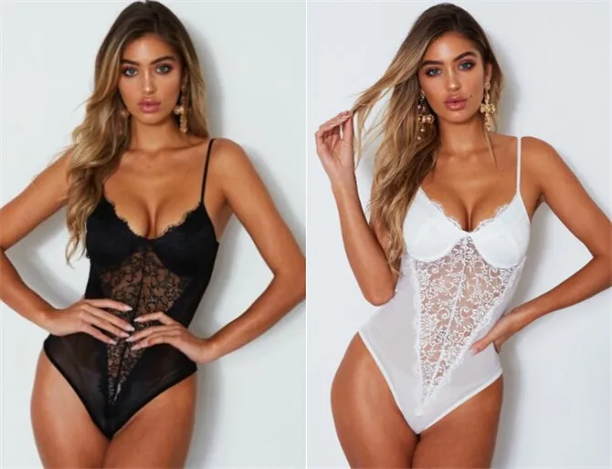 2020 Plus Size Women Open Crotch Halter Lace Bodysuits Transparent Femme Body Hot Sexy Jumpsuit Deep V Sheer Bodysuit | Тематическая