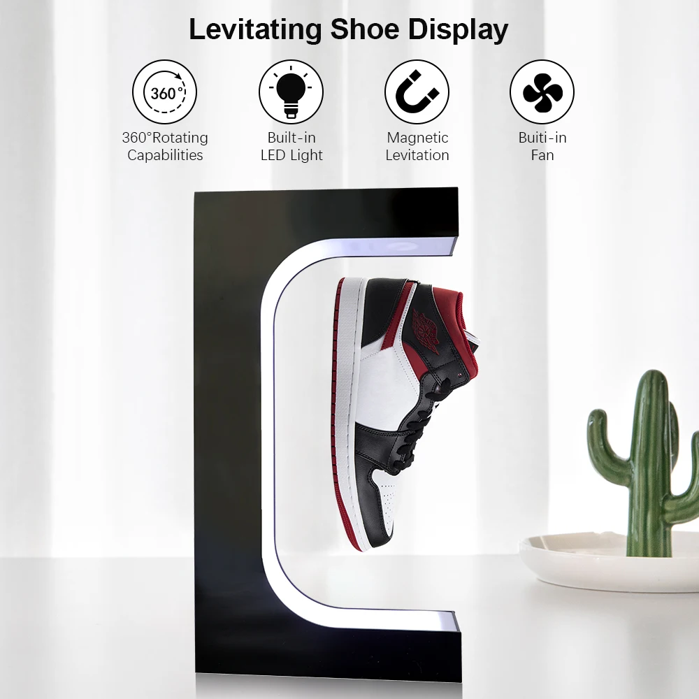 European warehouse Levitating Shoe Display Floating Sneaker Stand with LED Light 360 Degree Rotation shopping mall Shoe Display 6
