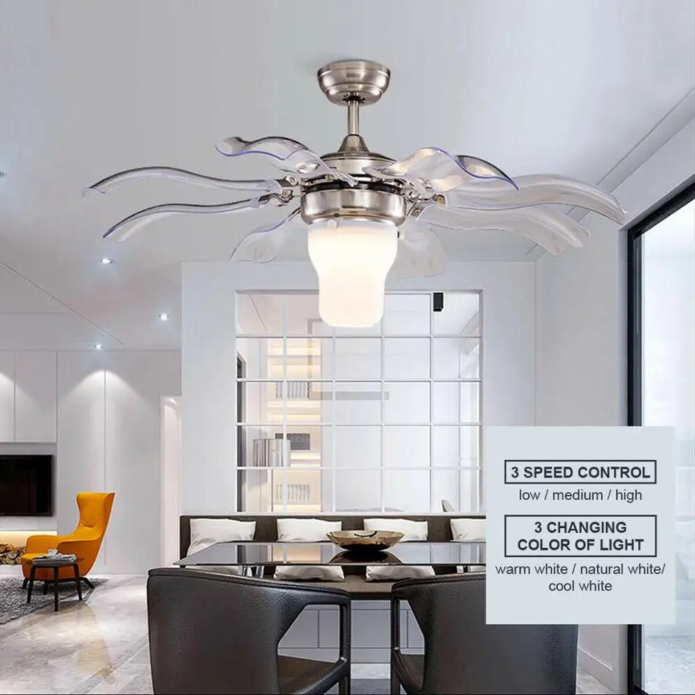 

42" Retractable Ceiling Fans Lamp / Light Dimmable 3 Color LED Remote 8 fan blades