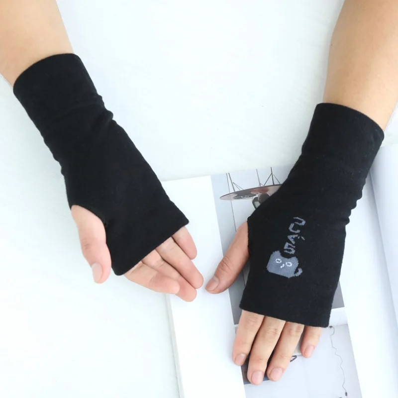 DeRuiLaDy, зимние теплые перчатки для женщин и мужчин, средней длины, нарукавники, черные перчатки, двухслойные, без пальцев, хлопковые, вязаные, с принтом, перчатки - Цвет: Черный