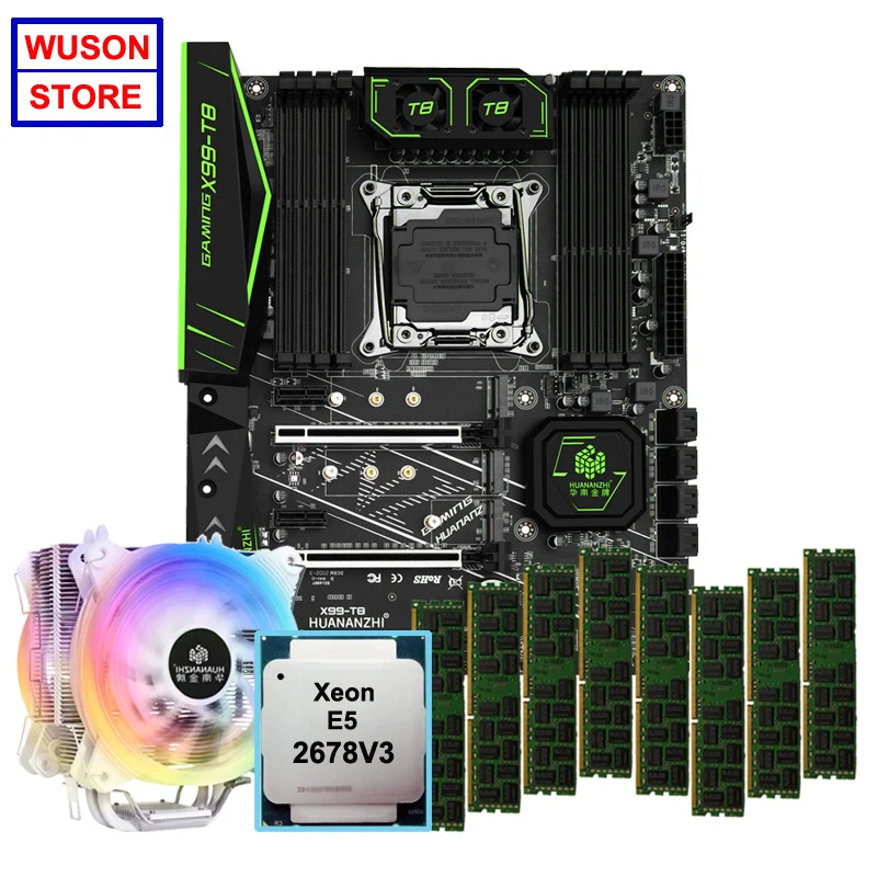 HUANANZHI X99 T8 материнская плата с двойным M.2 NVMe SSD слотом WIFI CPU Xeon E5 2678 V3 кулером RAM 64G(8*8G)