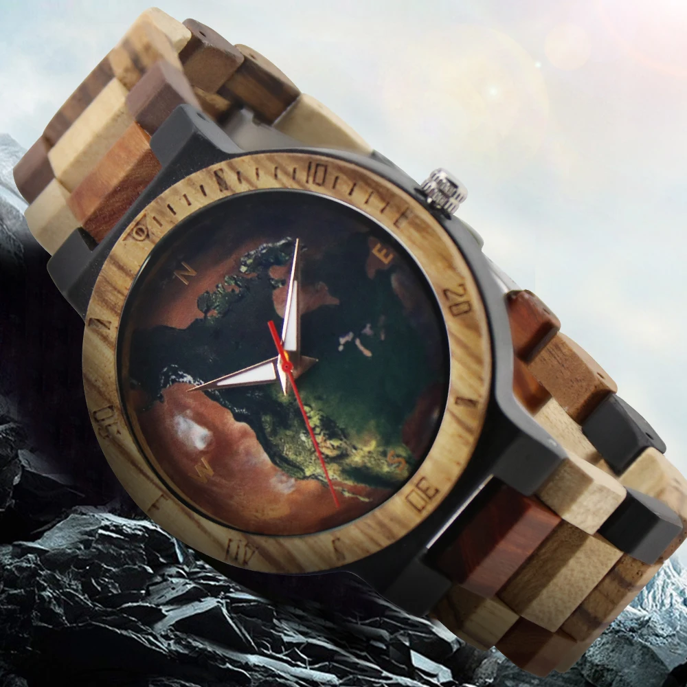 Solid Natural Wood Watch Men Quartz Watch The Earth World Planet Design Wooden Band Male Wristwatch Clock Man Relogio Masculino