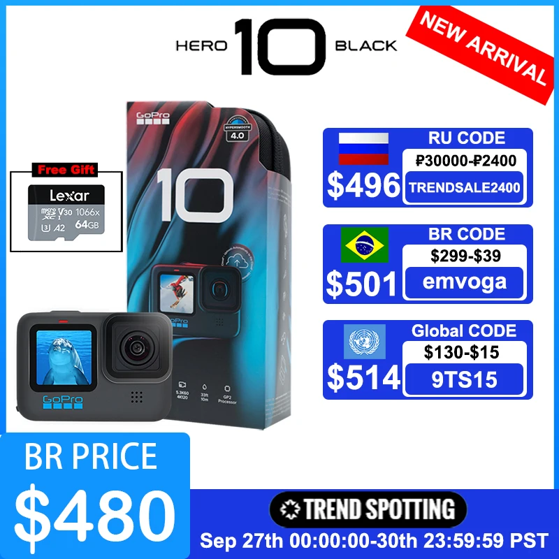 GoPro HERO 10 черная подводная Экшн-камера 4K 5.3K60 видео шлем Спортивная камера 23MP фото