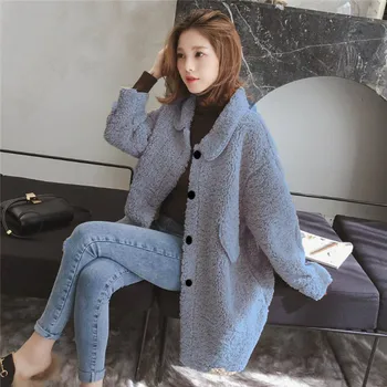 

2019 Autumn And Winter New Korean Version Lamb Wool Faux Leather Jacket Women Fashion Loose Cute Single-breasted Lapel Parkas