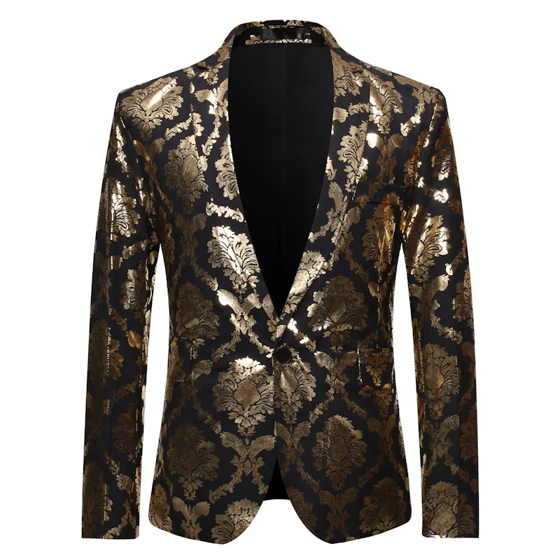 Мужской костюм с золотым цветочным принтом из фольги, пиджак, Мужской приталенный пиджак на одной пуговице, смокинги в ночной клуб, Блейзер, мужские вечерние костюмы для певцов