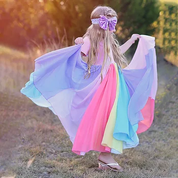 

Summer Rainbow Girls Princess Dress Pink Short Sleeve Colorful Kids Dresses for Girls Colorful Casual Children Clothes