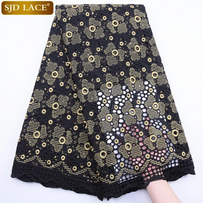 

SJD LACE Black African Lace Fabric With Stones Swiss Voile Lace In Switzerland With Eyelet Holes Cotton For Wedding Party A1826