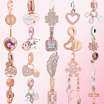 

2019 100% 925 Sterling Silver Classic Feather Tree of Life Cross Heart-shaped Key Snowflake Clover DIY Rose Gold Pendant