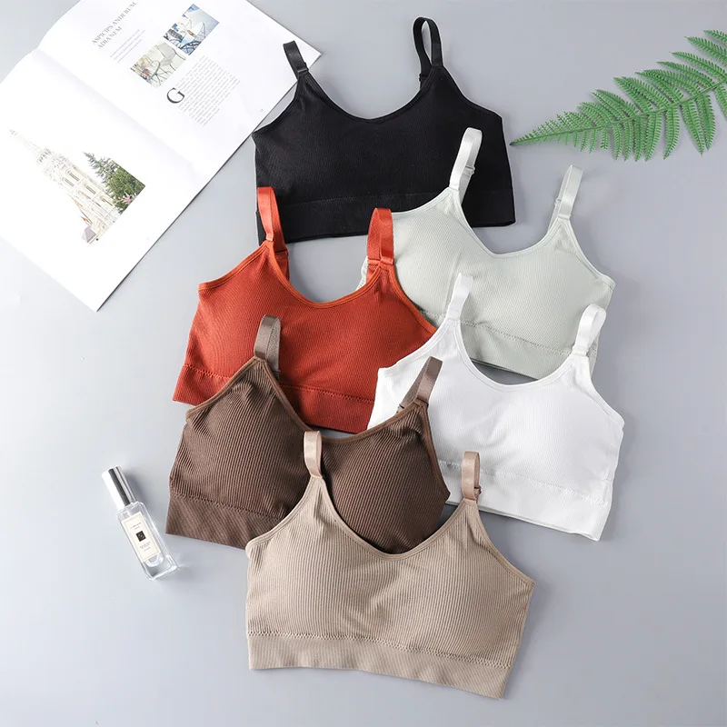

Women Sports Bra Adjustable Shoulder Strap Without Steel Ring Seamless Japanese Style Thread Pattern Tube Top With Chest Pad Bra