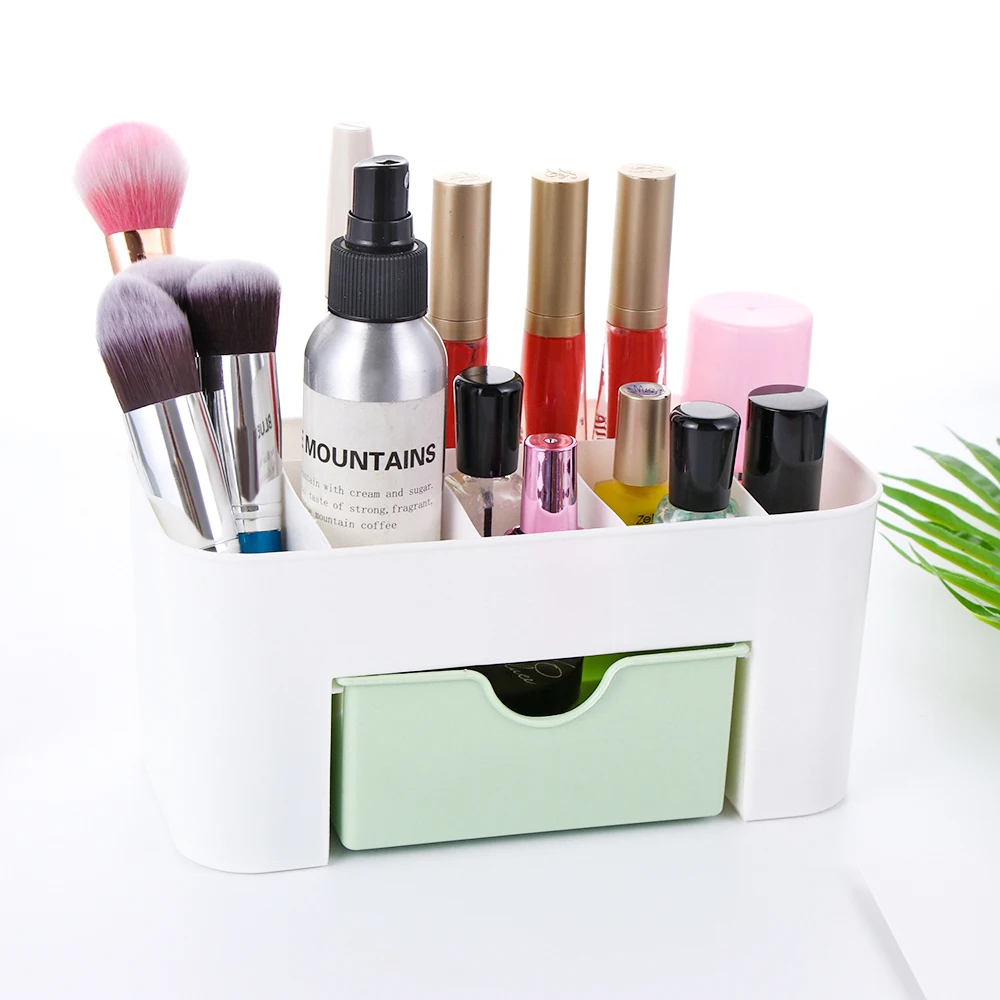 Hot New Pink Blue Green Plastic Makeup Organizer Make Up Brush Storage box with Drawer Cotton Swabs Stick Storage case escritori