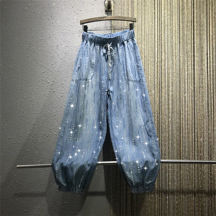 Женские летние шаровары, джинсовые штаны в полоску с кристаллами бриллиантов, тяжелые мешковатые джинсы ручной работы, женские блестящие эластичные брюки с завязками и бусинами