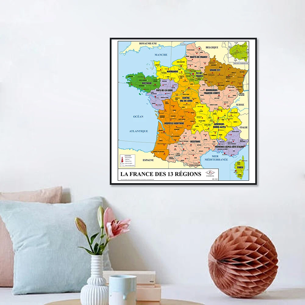 60*60cm The France Map In French Spray Canvas Painting Wall Art Poster  Classroom Home Decoration Children School Supplies