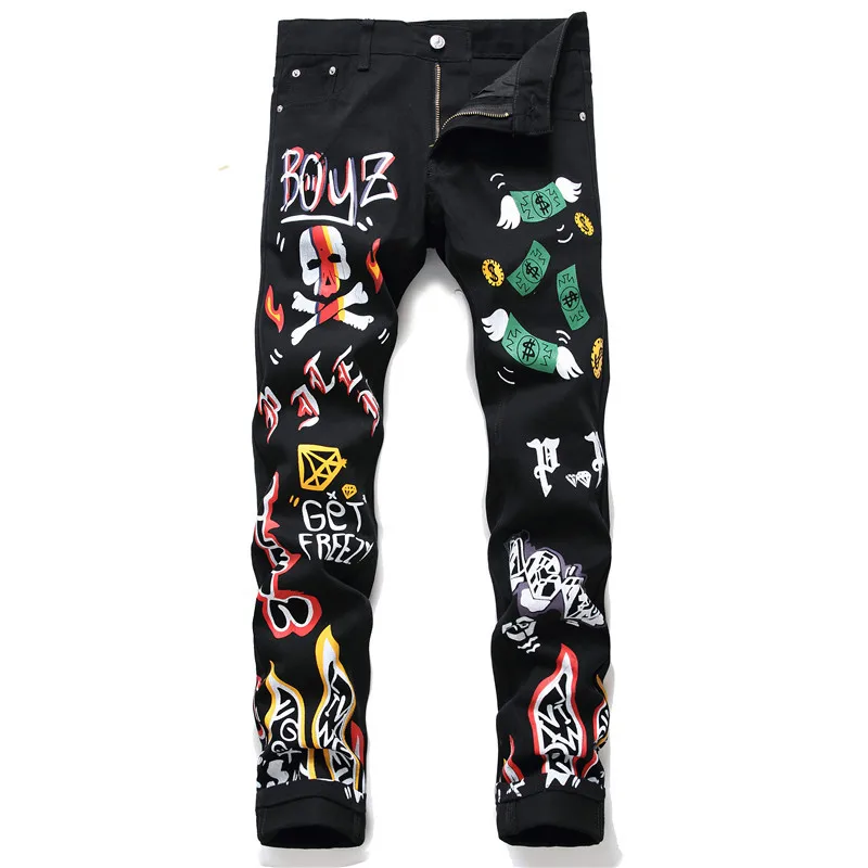 New men's male colored skull letters flame printed jeans Fashion black slim straight denim pants trousers New men's male colored skull letters flame printed jeans Fashion black slim straight denim pants trousers