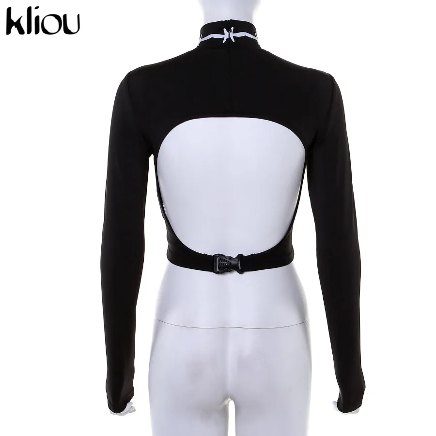 Kliou women black turtleneck reflective print t-shirt sexy backless hollow out crop top new female long sleeve top tshirt