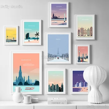 

Nordic Cartoon Landscape Canvas Painting London Paris New York City Posters Modern Home Decoration Wall Art Picture for Bedroom