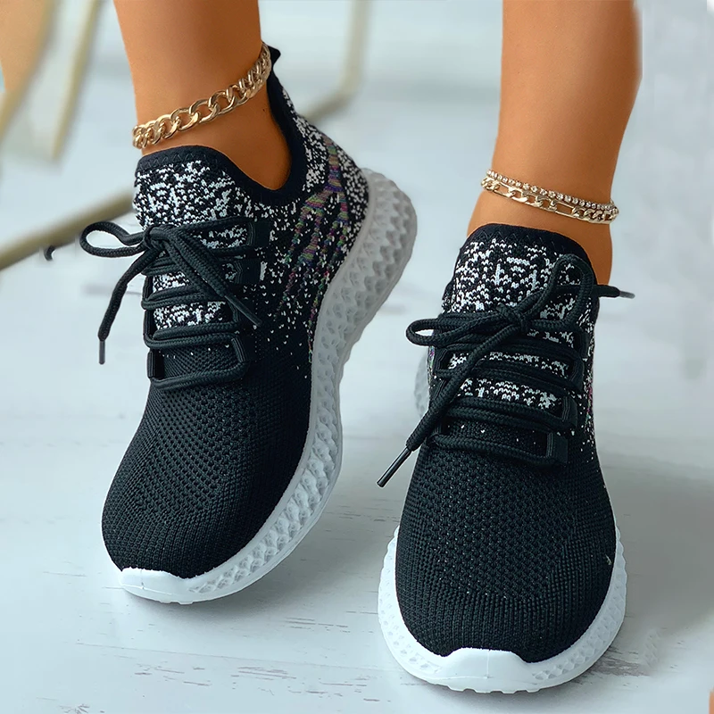 

2022 Fashion Autumn Women Sport Wear Soft Casual Sporty Shoes Daily Wear Round Toe Colorblock Lace-up Knit Breathable Sneakers