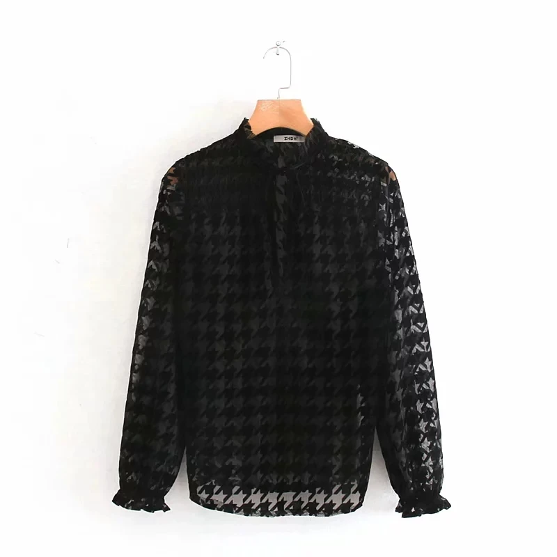 

Fashion Women Deep V Neck Flocking Mesh Cloth Transparent Shirt 2019 Autumn Leisure Lady Long Sleeve Blouse Loose Tops S6397