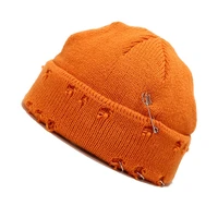 Winter Knit Beanie Hat with Pins O-Ring Distressed Hole Cuffed Melon Skull Cap X7YA 5