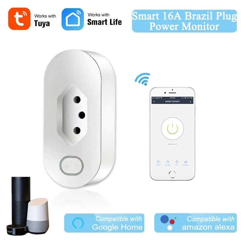 Smart BR Socket 16A WiFi Brazil Plug With Energy Monitoring Work With Alexa Echo Google Nest Tuya APP Wireless Control BR Outlet