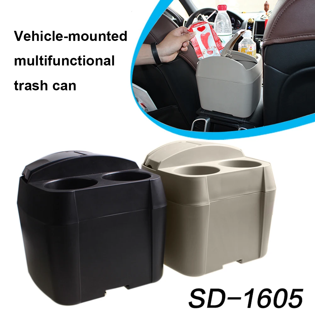Car Trash Can Bin With Cup Holder Vehicle Garbage Dust Storage Box