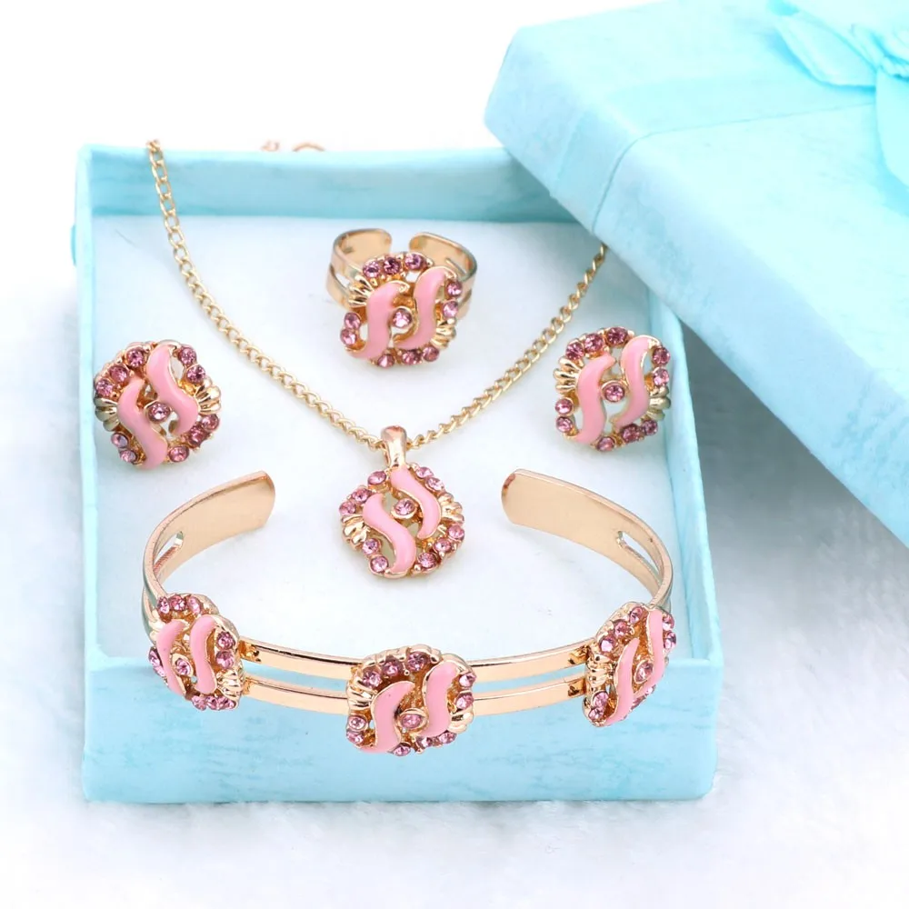 pink Модные украшения для девочек милый Кристалл цветок дети ожерелье серьга-браслет кольцо дети ребенок костюм комплект ювелирных изделий и коробки 4 цвета - Окраска металла: pink
