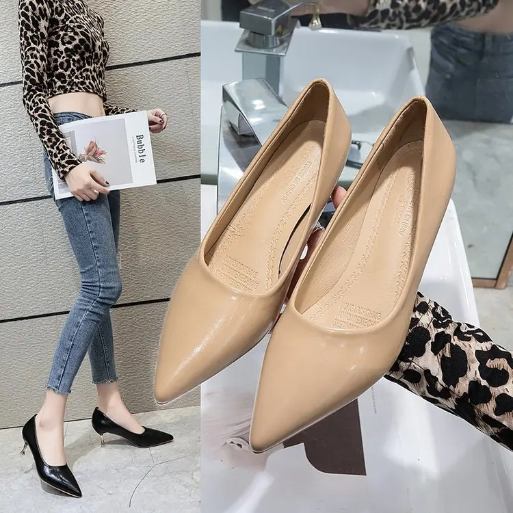 

2020 Spring New Style Pointed Patent Leather Nude High Heel Shoes Shoes Women's Thin Heeled Versatile-Black And White with Patte