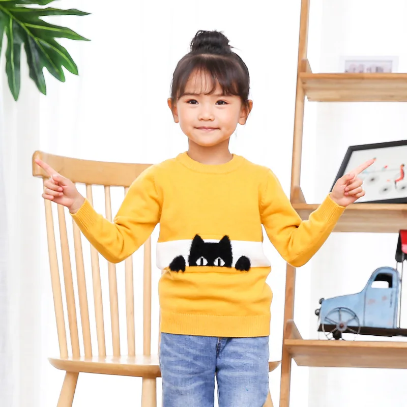 

2019 Autumn & Winter New Style Childrenswear Cartoon Kitten Pattern Core-Spun Cotton Yarn Sweater Kids' Sweater