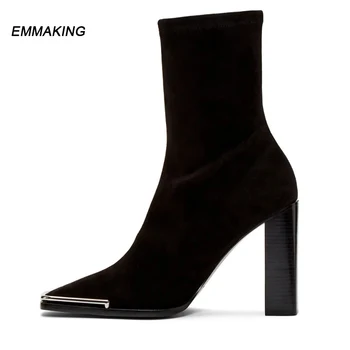 

EMMAKING Fashion Pointed Toe Short Boots Women Square Heel Patent leather boots Runway High Heels Shoes Women Boot 2020