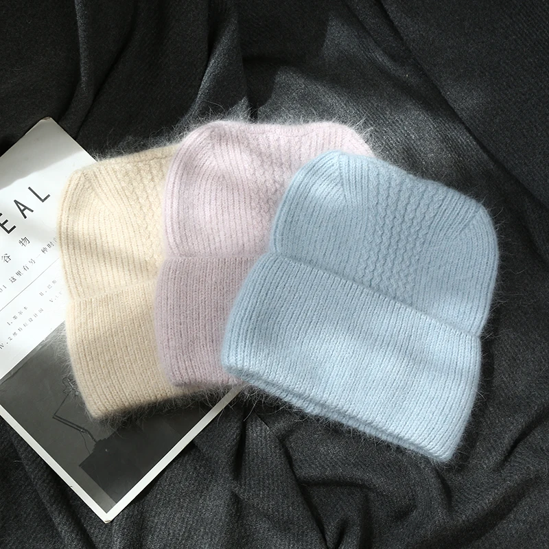 VISROVER 17 Colorway Unisex Solid Cat Shape Rabbit Fur Woman Winter Hat Soft Autumn Bonnet Cute Cat Ear Woman Warm Skullies Gift