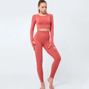 

NORMOV Workout Women Sets Casual O Neck Long Sleeve Pullover And Push Up Hollow Out Trousers Suit Solid Skinny Femme Sets