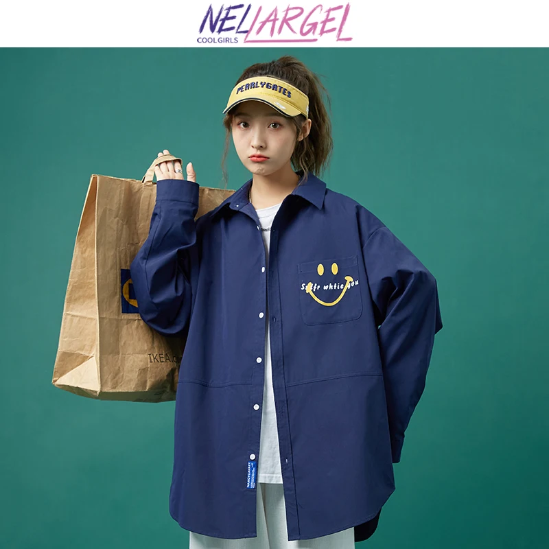 

NELLARGEL Женская винтажная блузка в стиле Харадзюку со смайликом 2023 женская элегантная мешковатая рубашка на пуговицах для девушек негабаритная корейская модная блузка