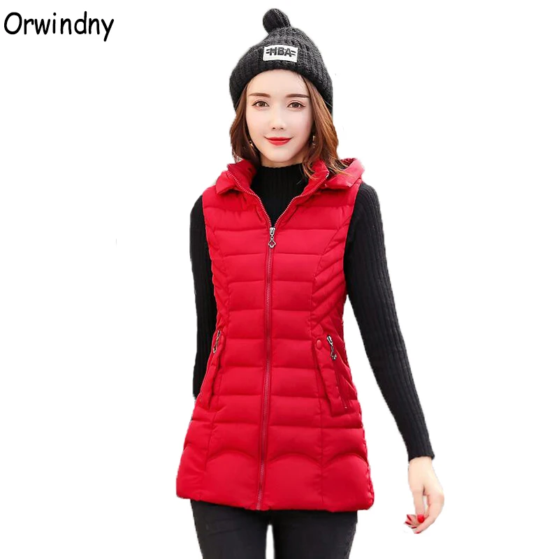

Orwindny Hooded Warm Winter Vest Women Red Long Waistcoat For Girls Oversize M-3XL 4XL Sleevelss Jacket Coat Female Zipper Vests