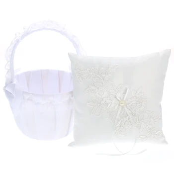 

New 7 * 7 in White Satin Ring Pillow Wedding Lace Flower Basket Wedding Decoration Party Supplies Storage Basket Hanging Ornamen