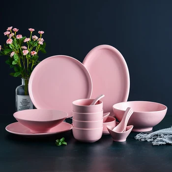 

Simply Matte Pink Color Ceramic Dinner Plate Set Porcelain Steak Tableware Rice Soup Bowl Spoon Dish Home Decoration Dropship