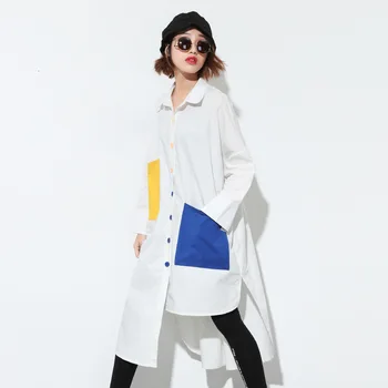 

LANMREM 2020 Personality Contrast Color Pocket Lapel Single Breasted Loose Casual Long Sleeve Irregular Long Shirt Women 19B-a69