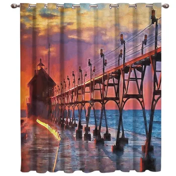 

Sunset Scenery At The Seaside Bridge Window Curtains Dark Living Room Curtain Rod Kitchen Drapes Fabric Indoor