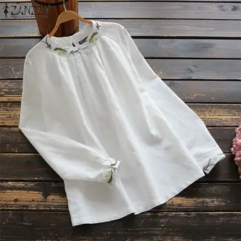 

ZANZEA 2020 Spring Summer Women Blouses Long Sleeve Stand Collar Embroidery Solid Cotton Shirt Blouse Tops Tunic Plus Size 7